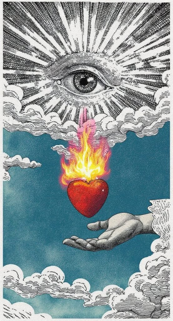 Grabado de un ojo entre nubes y una mano que sostiene un corazón en llamas