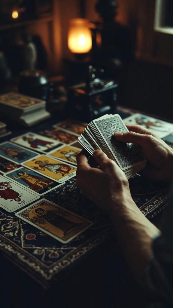 Manos barajando un mazo de tarot a la luz de una lámpara